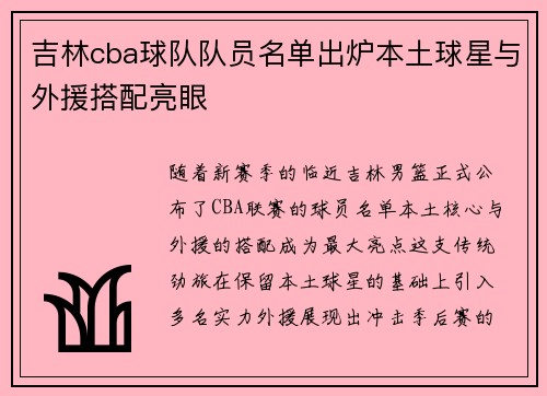 吉林cba球队队员名单出炉本土球星与外援搭配亮眼