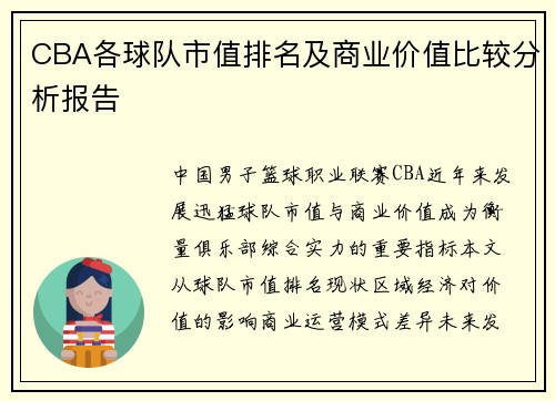 CBA各球队市值排名及商业价值比较分析报告