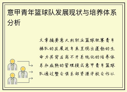 意甲青年篮球队发展现状与培养体系分析